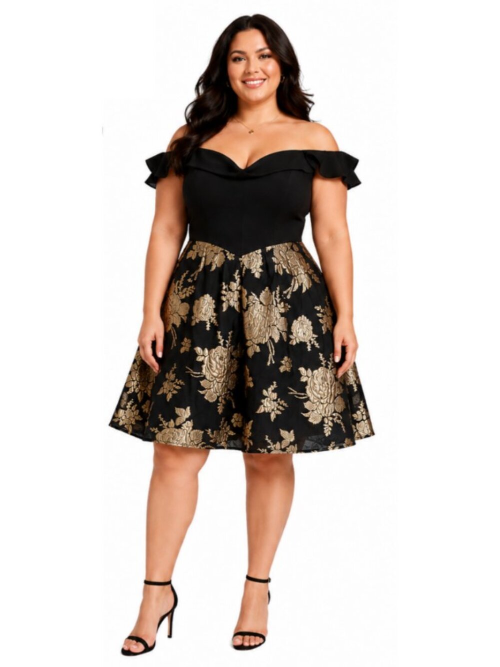 Bloomchic Off-The-Shoulder Floral Sweetheart Dress NWT in Black & Gold Size 28